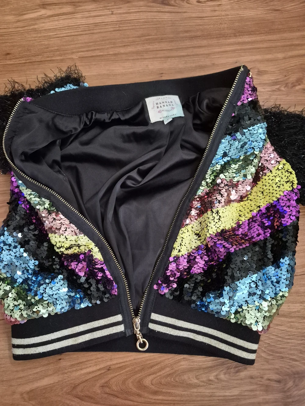 Hannah Banana Black Sequined Bomber Jacket Chevron Sequins Furry Sleeves